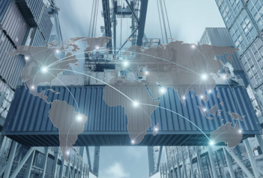 Import, Export, Logistics concept - Map global partner connection of Container Cargo freight ship for Logistic Import Export background (Elements of this image furnished by NASA)